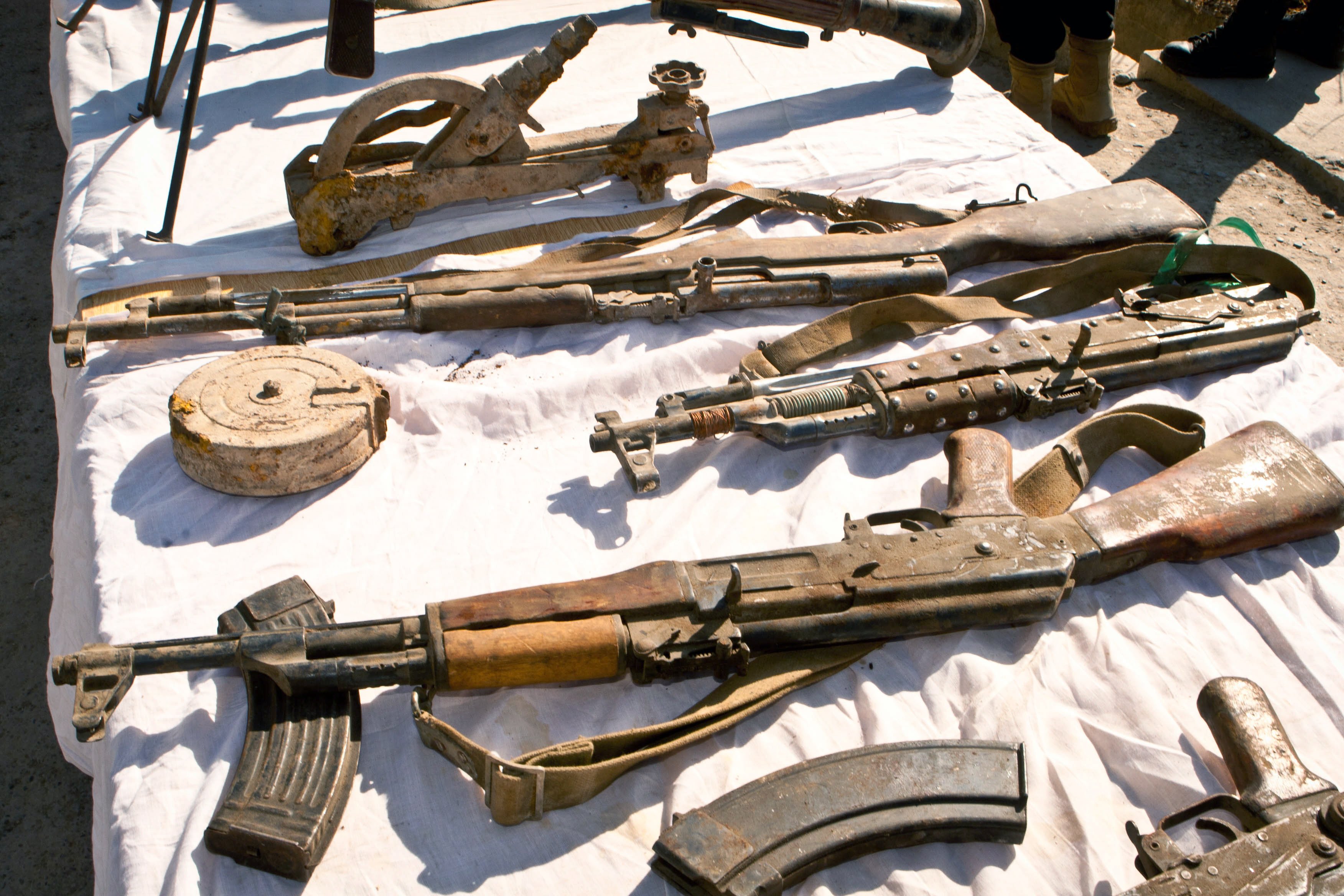 Weapons captured during a counterinsurgency operation in Afghanistan. Elite patrolmen from Helmands Provincial Response Company (PRC) uncovered the large haul of weapons and drugs in two separate operations over a 48-hour period. The PRC deployed on two separate operations in Helmand Province following credible intelligence, to search suspect compounds and uncover significant finds of weapons and drugs.