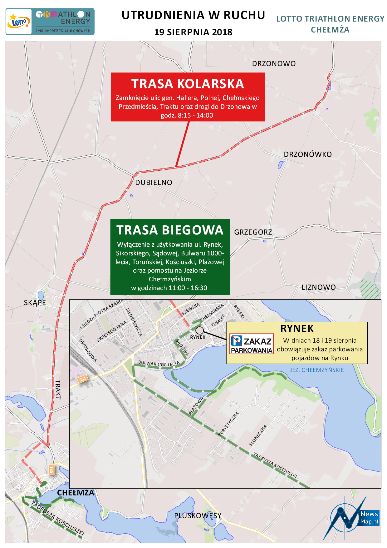 Mapa statyczna Chełmża Energy Triathlon 2018 - utrudnienia