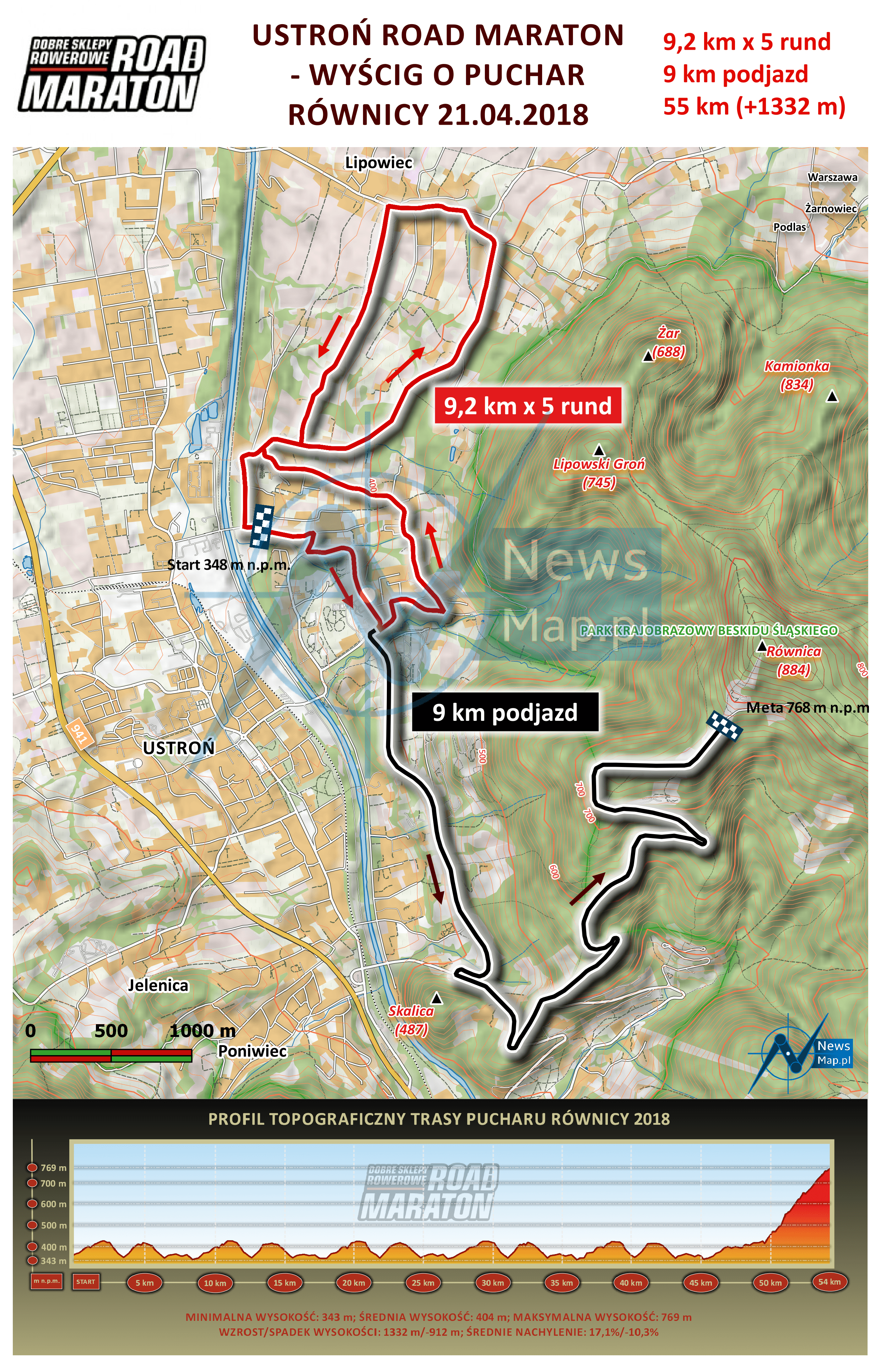 Mapa statyczna Road Maraton Ustroń 2018 + profil (on-line)