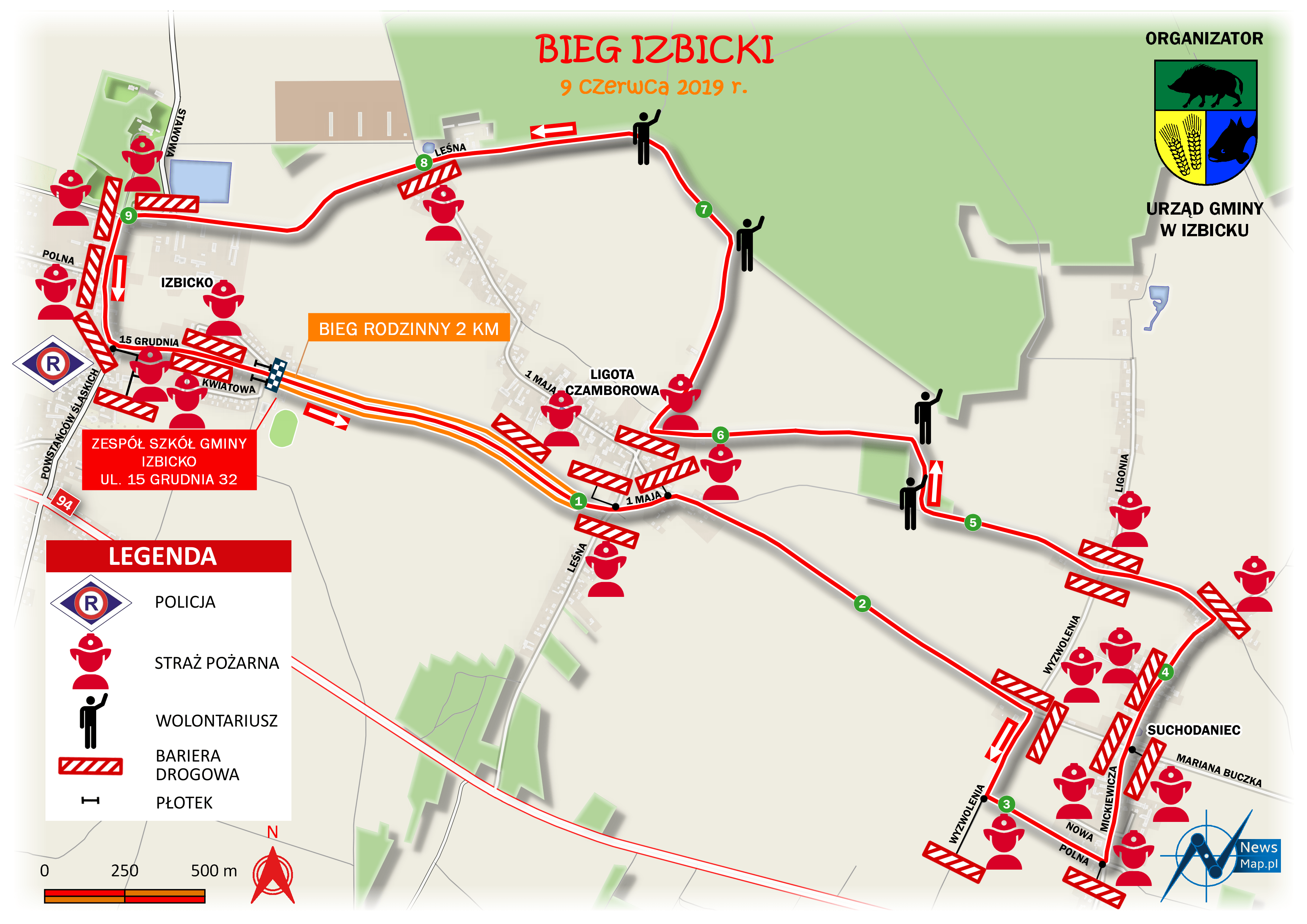 Bieg Izbicki - mapa statyczna z oznaczeniem punktów
