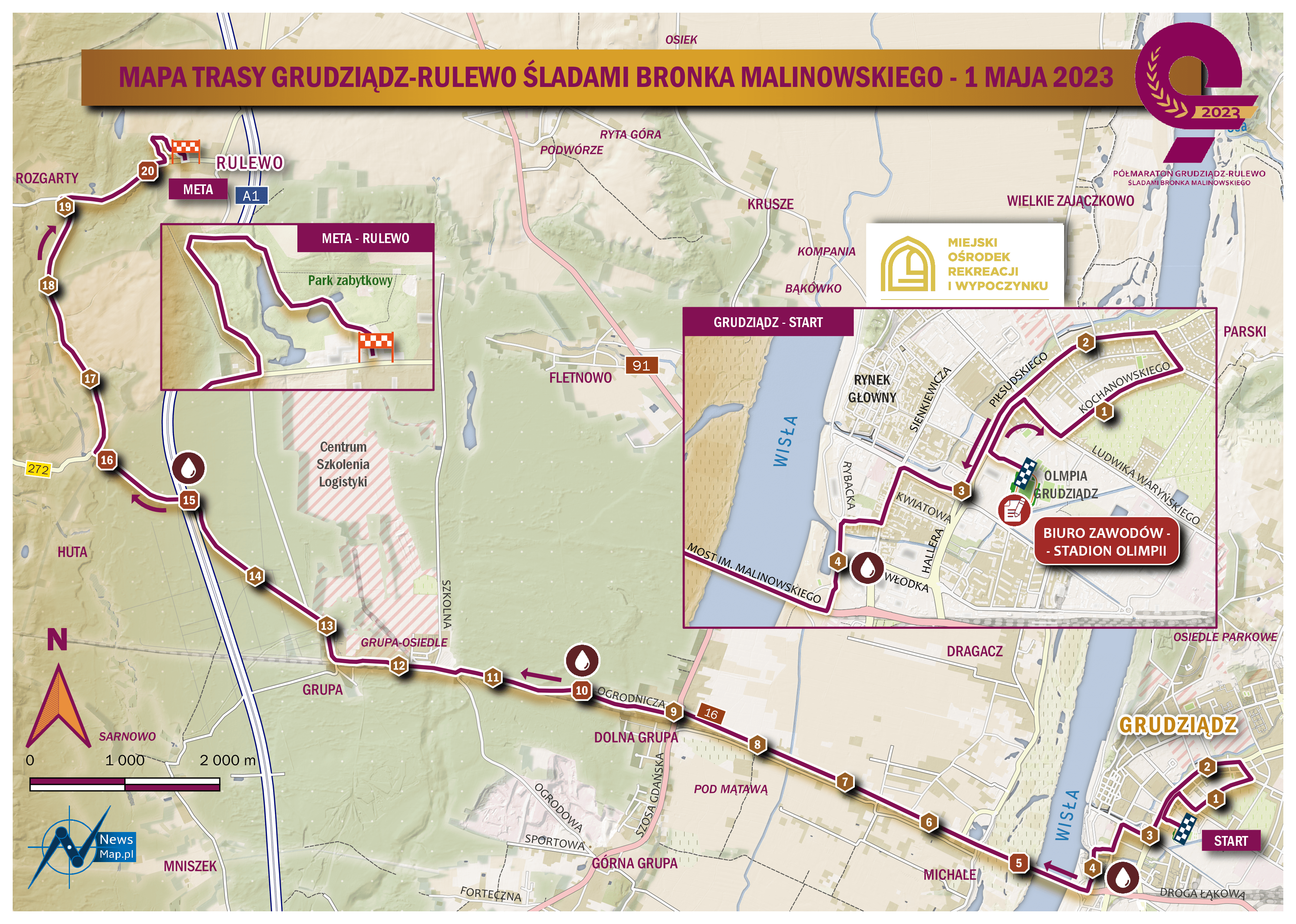 Mapa statyczna trasy Półmaratonu Malinowskiego 2023 (on-line)