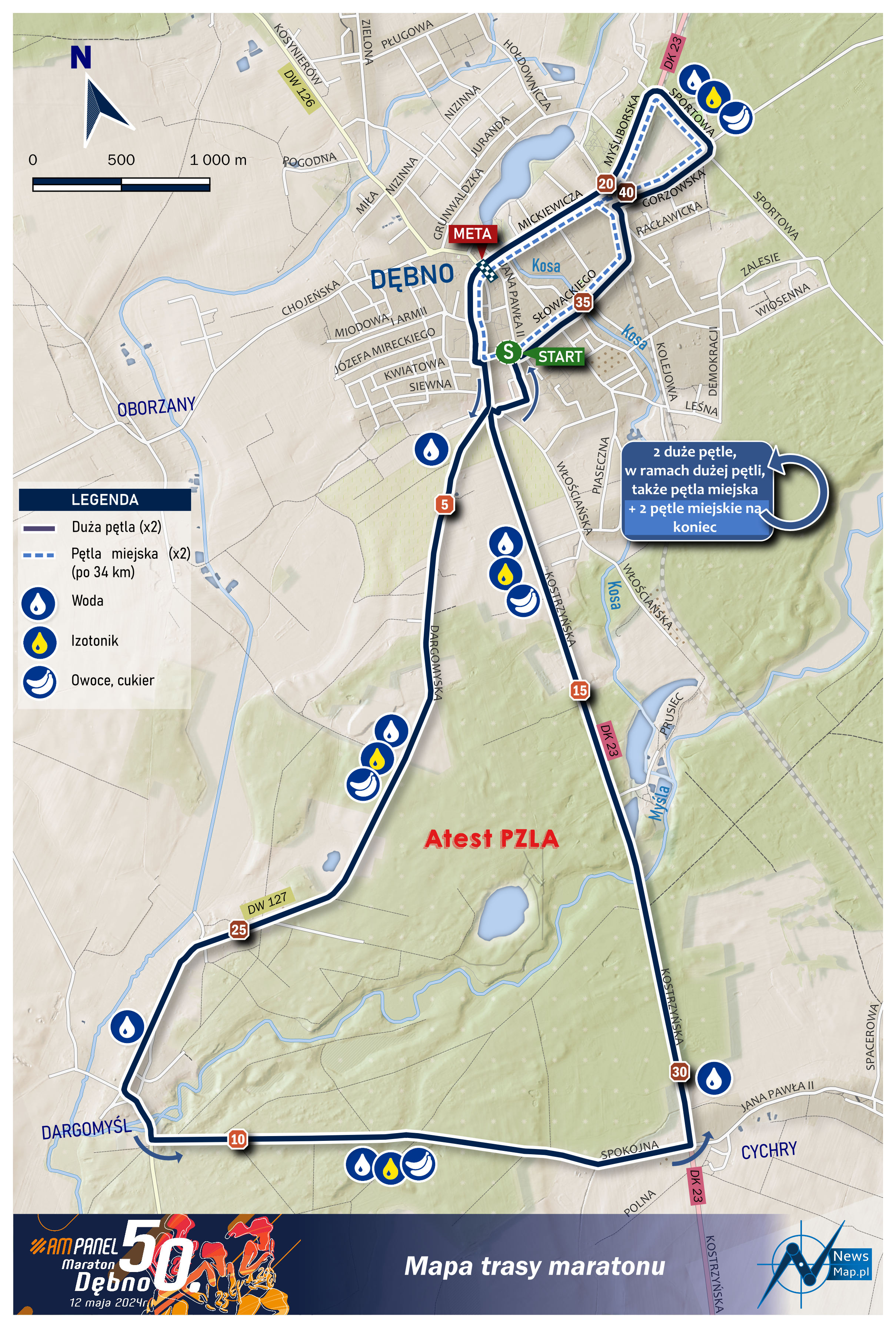 Mapa statyczna Dębno 2024 - 42 km - cała trasa (on-line)