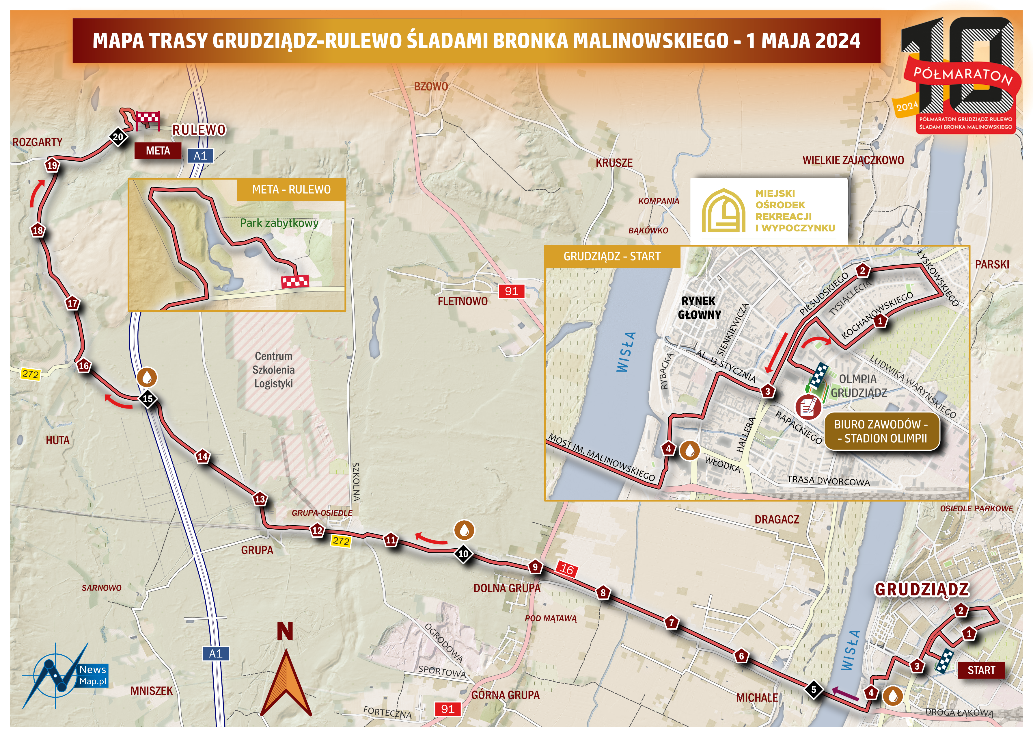 Mapa statyczna trasy Półmaratonu Malinowskiego 2024 (on-line)