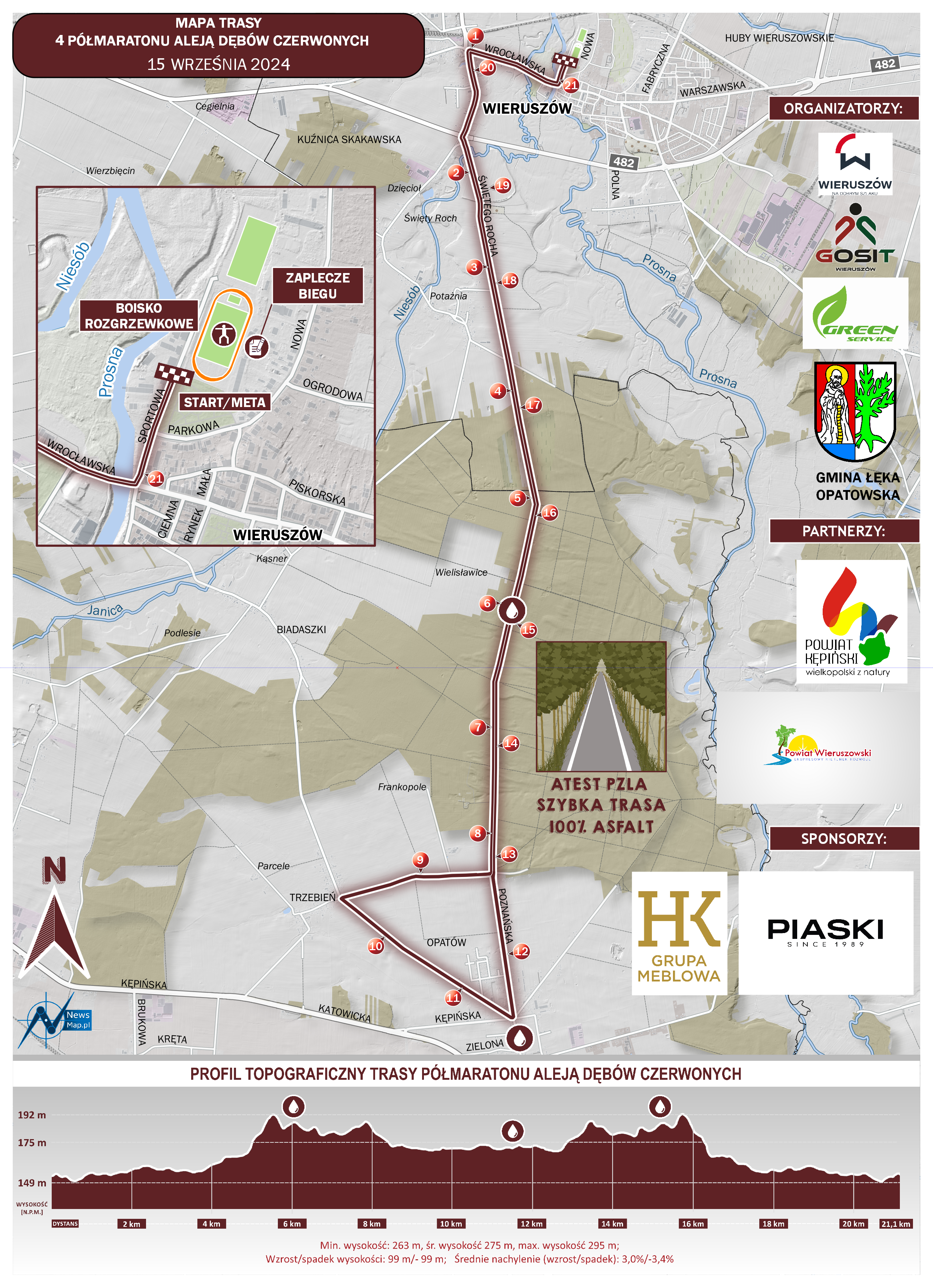 Mapa statyczna trasy 4 Półmaratonu Aleji Czerwonych Dębów 2024