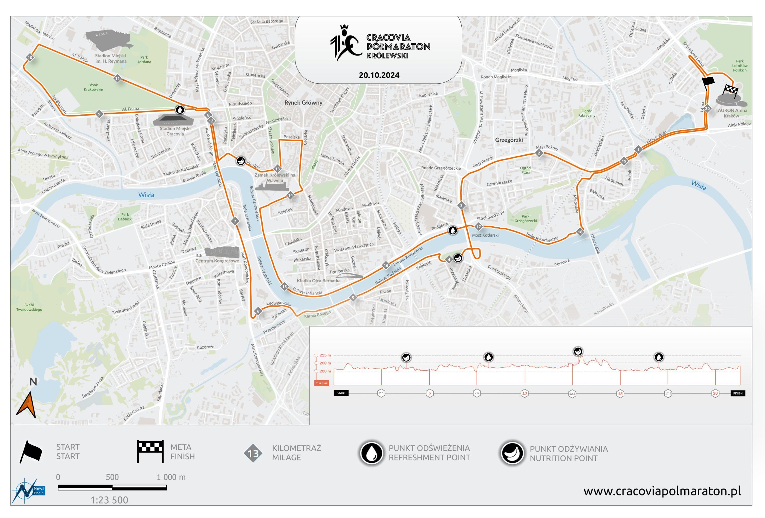 Mapa statyczna + profil 10. Cracovia Półmaraton Królewski 2024 v3