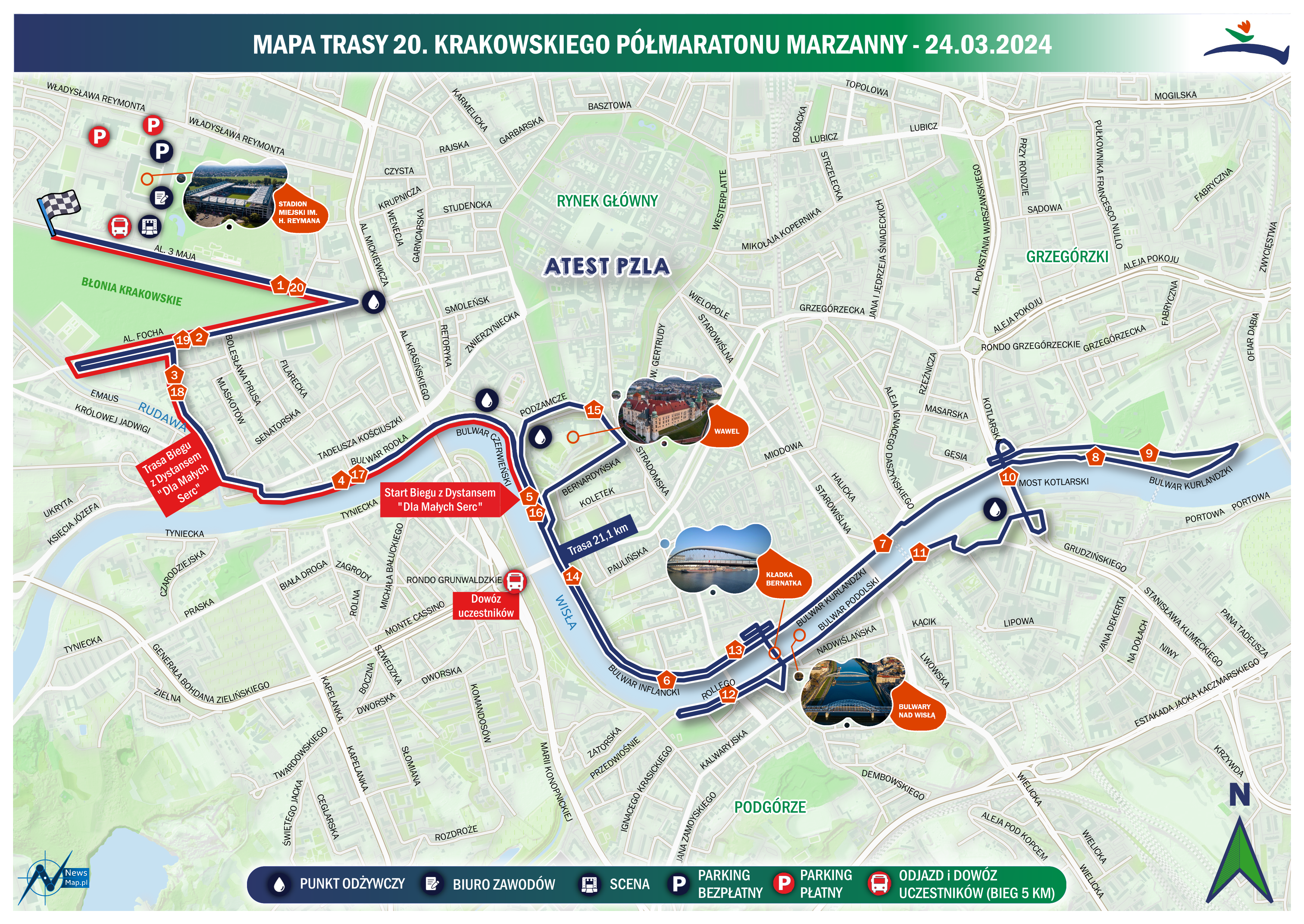 Mapa statyczna 20. Krakowskiego Półmaratonu Marzanny 2024