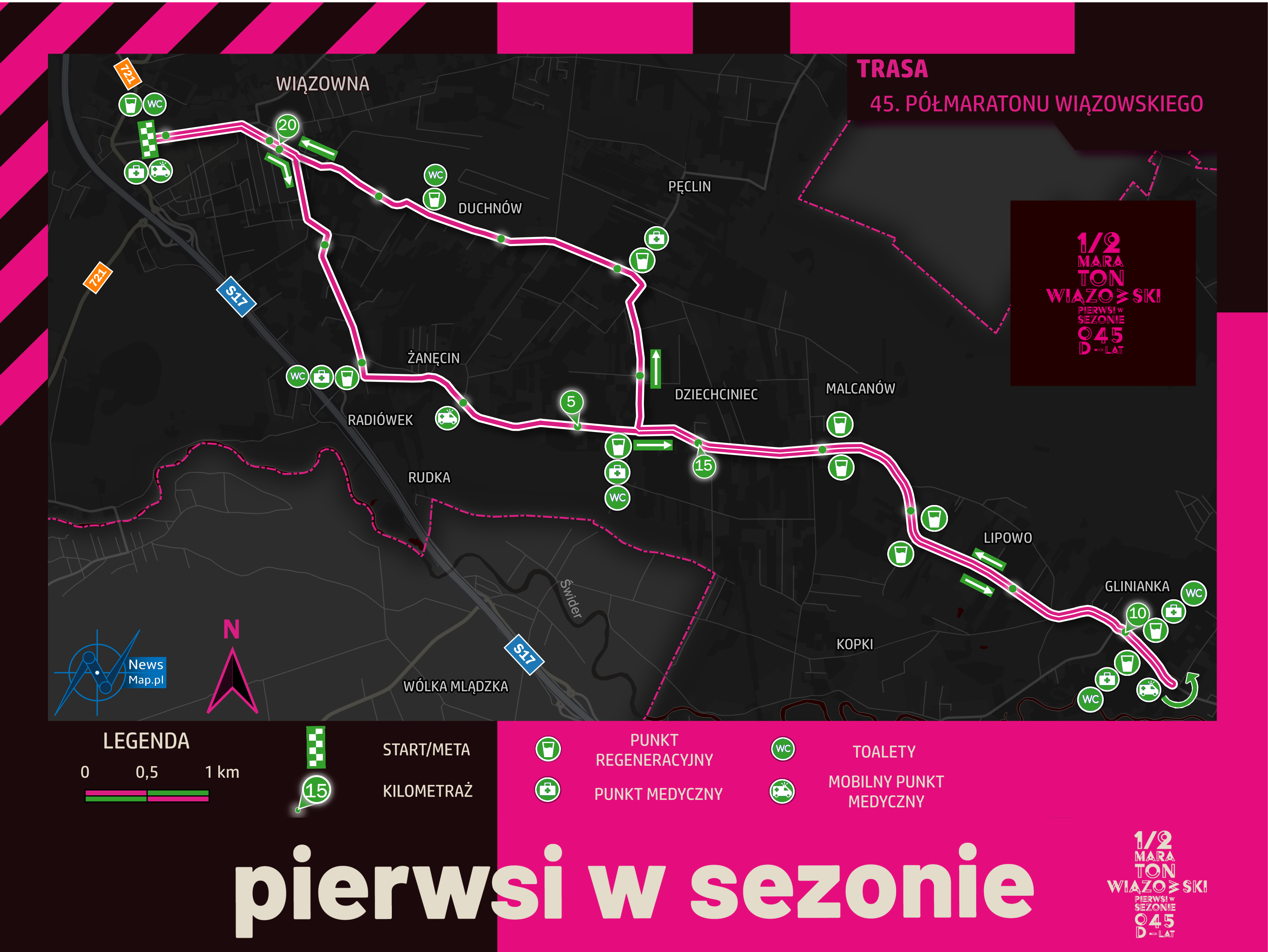 Mapa statyczna Półmaraton Wiązowski 2025 - 21 km (on-line)